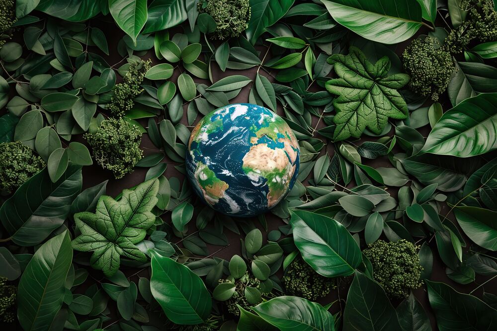 Globe surrounded by green leaves, symbolizing environmental management