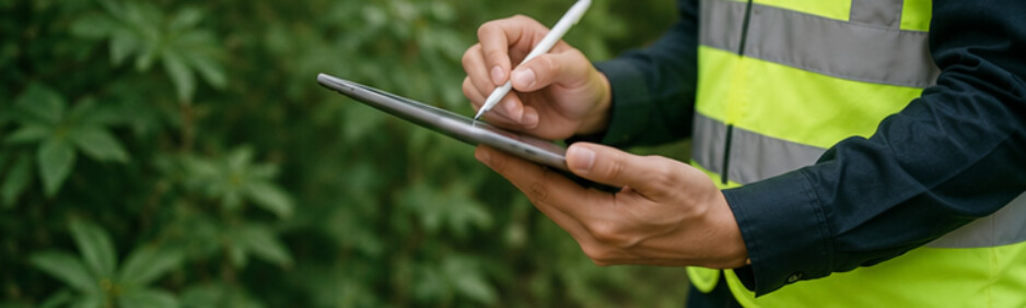 Auditor in high-visibility clothing reviewing environmental compliance on a tablet