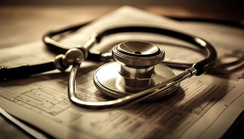 Stethoscope resting on medical device design drawings, representing ISO 13485 medical device quality management