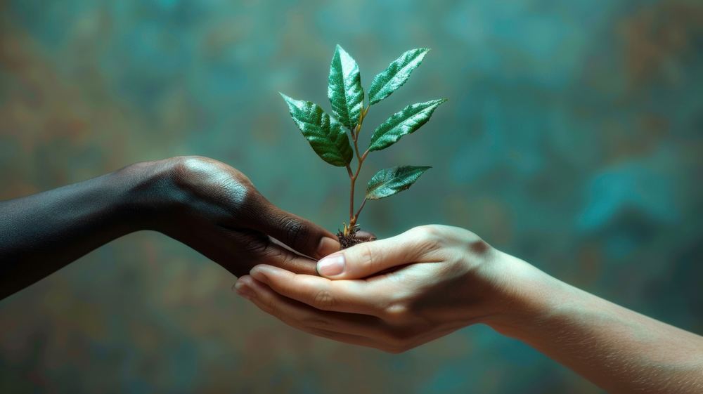 Two hands passing a young plant, representing environmental responsibility under ISO 14001 certification