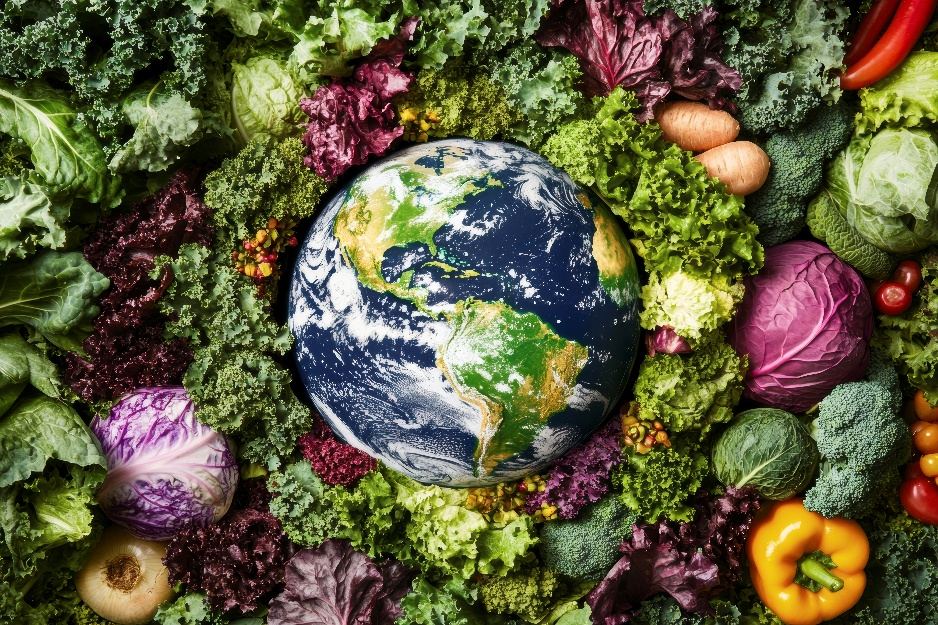 Globe surrounded by fresh produce, representing food safety management under ISO 22000
