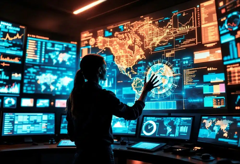 Analyst monitoring information security dashboards, representing ISO 27001 information security management