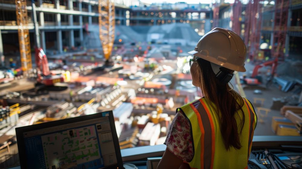 Safety officer in high-visibility gear reviewing site data under an ISO 45001 occupational health and safety system