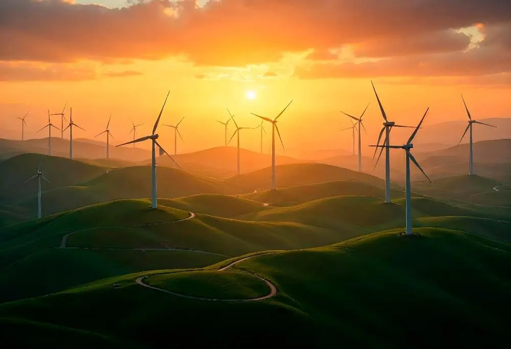 Wind turbines at sunset, representing energy performance improvement under ISO 50001 certification