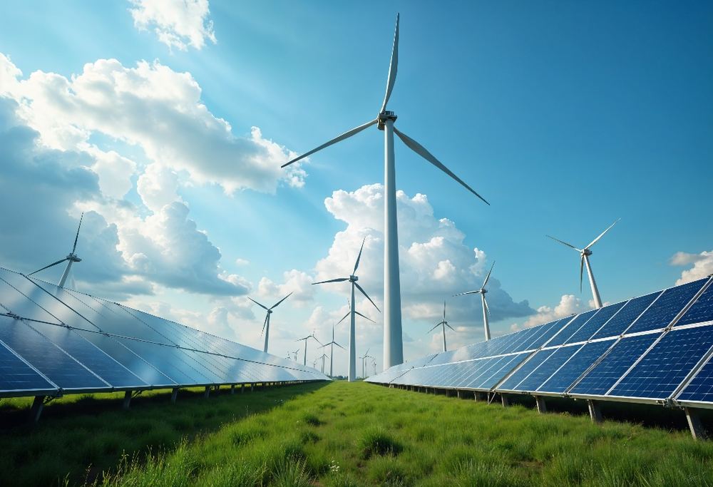 Wind turbines and solar panels, representing the long-life physical assets managed under ISO 55000