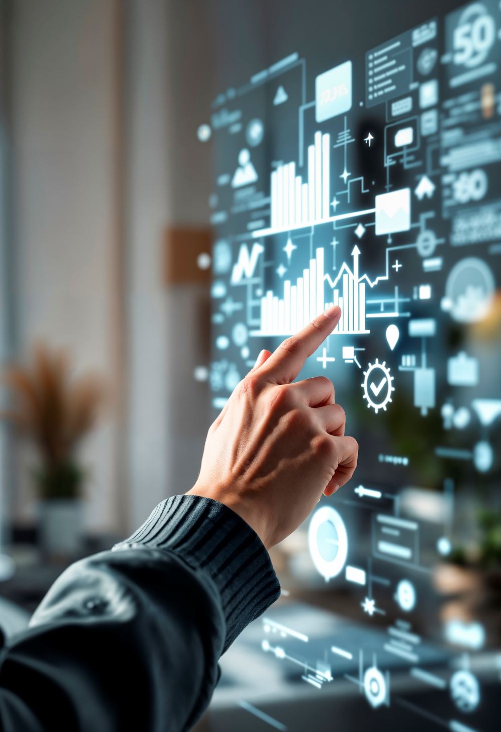 Hand interacting with a digital quality dashboard, representing ISO 9001 quality management system auditing