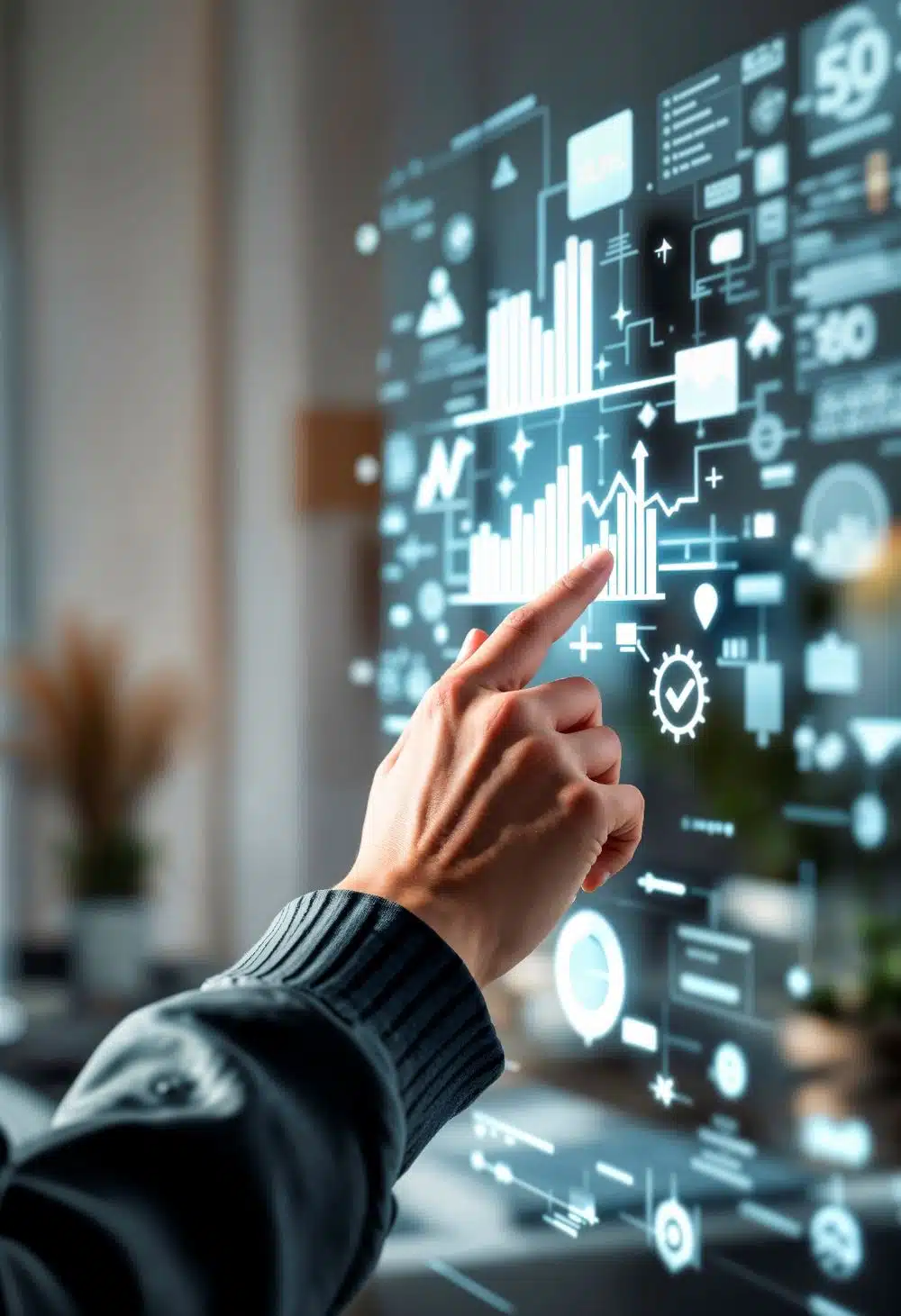 Hand interacting with a digital quality dashboard, representing ISO 9001 quality management system auditing